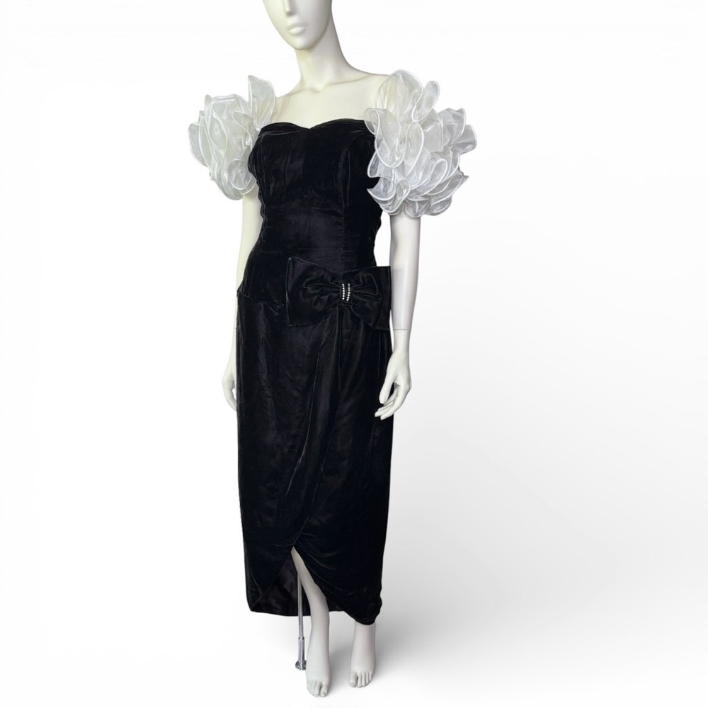 Vintage Black Velvet‎ Dress with Dramatic Sheer Puff Sleeves & Rhinestone Detail